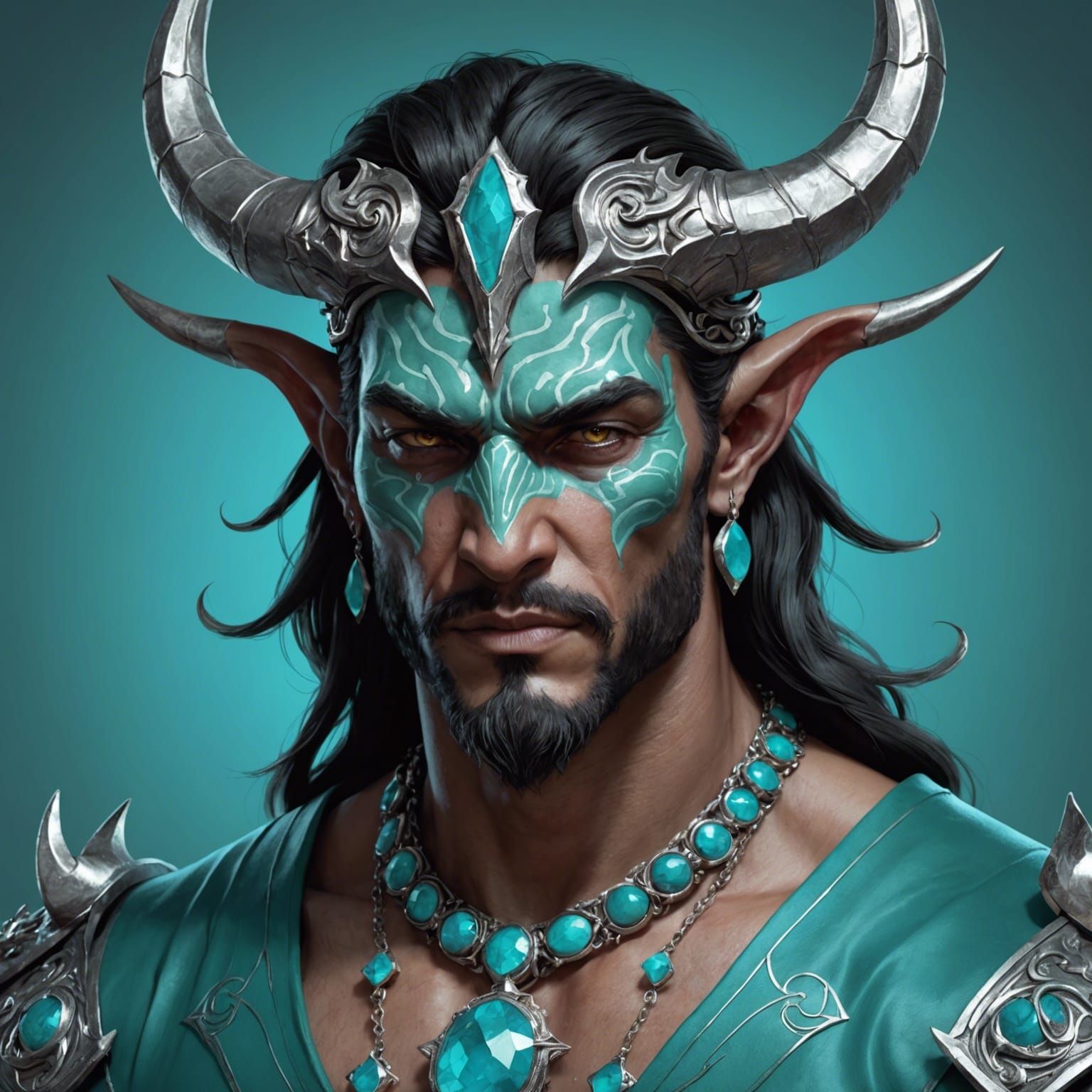 The demon king Baal in human form with curved horns adorned with silver jewelry in a turquoise outfit