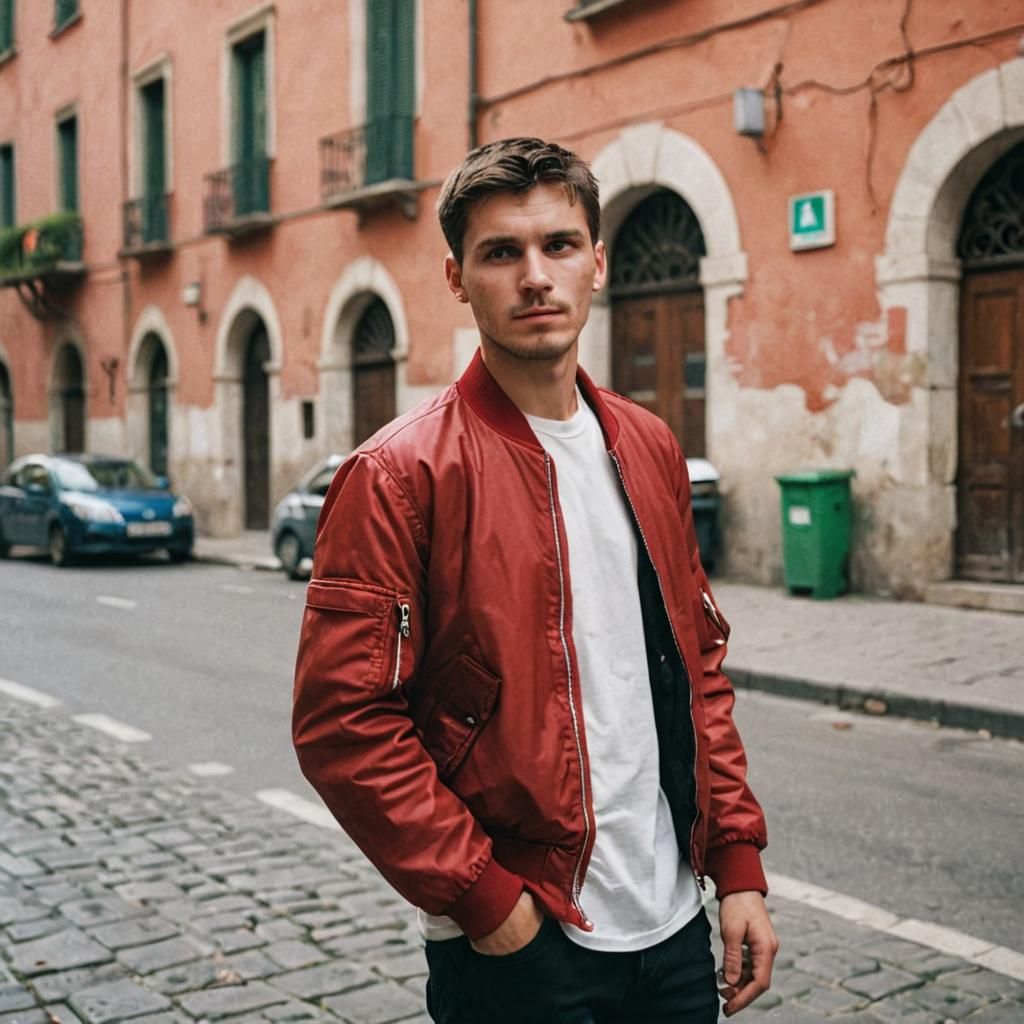 Slavic Man in Red Bomber Jacket, Film Photography