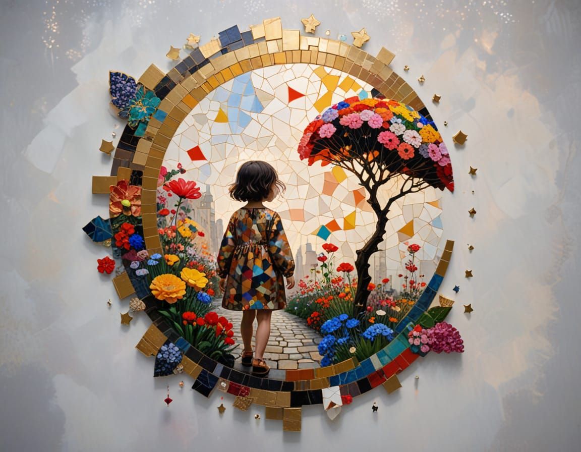 Child Walks Neon Streets Under Spring Sky, Klimt-Inspired Ar...