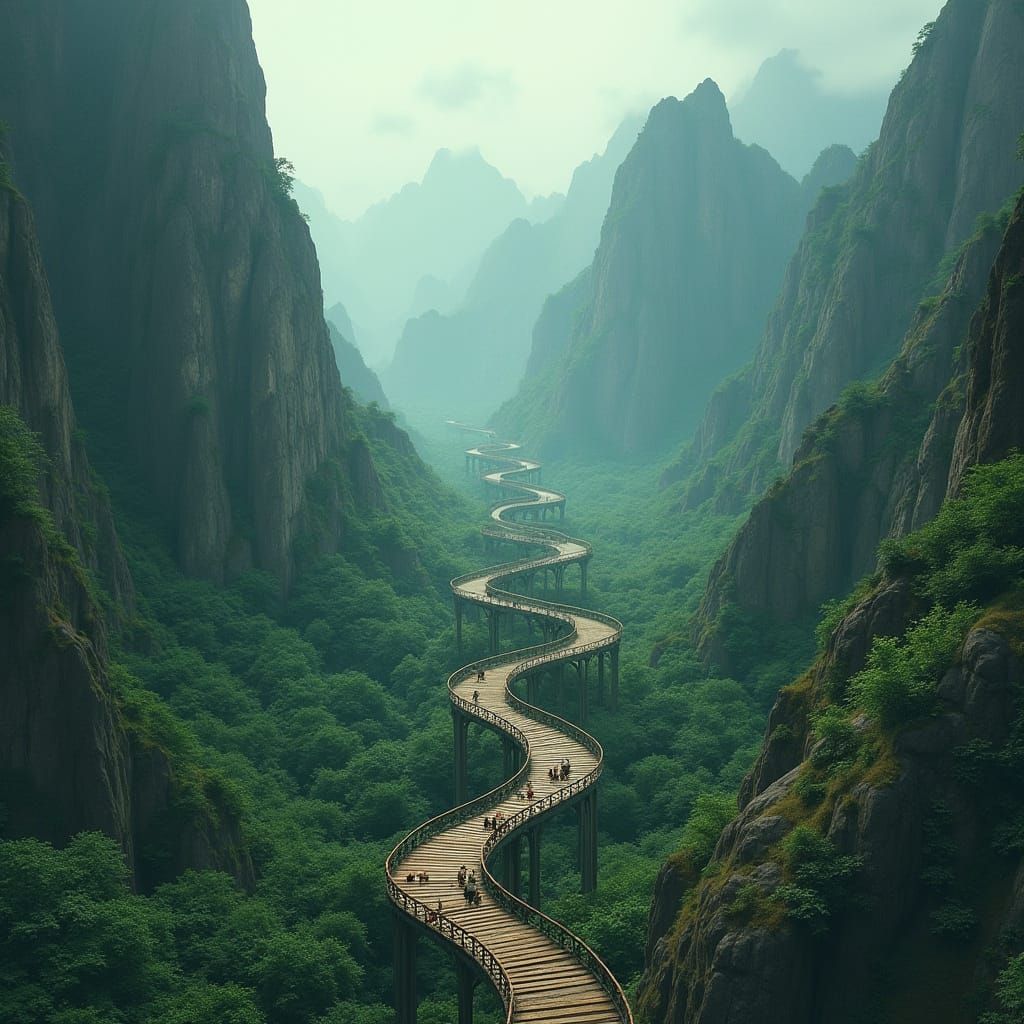 Dreamlike Bridge in Whimsical Landscape with Towering Mounta...