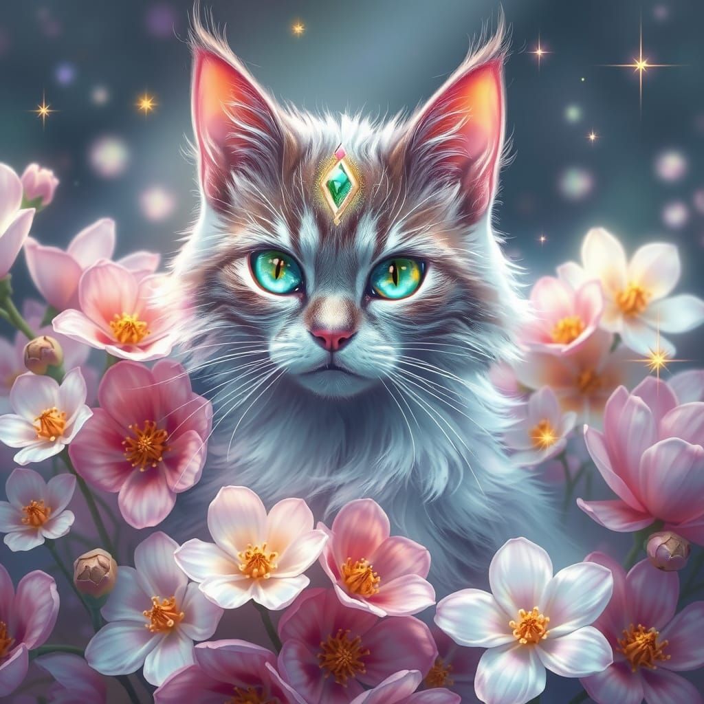 Celestial Cat Spirit in a Divine Garden