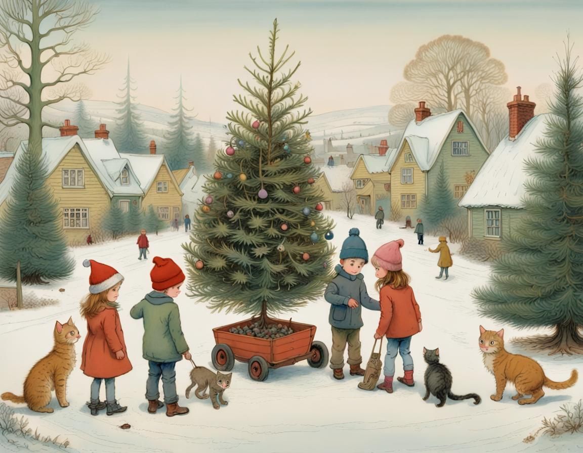 Family Selects Christmas Tree: Whimsical Illustration