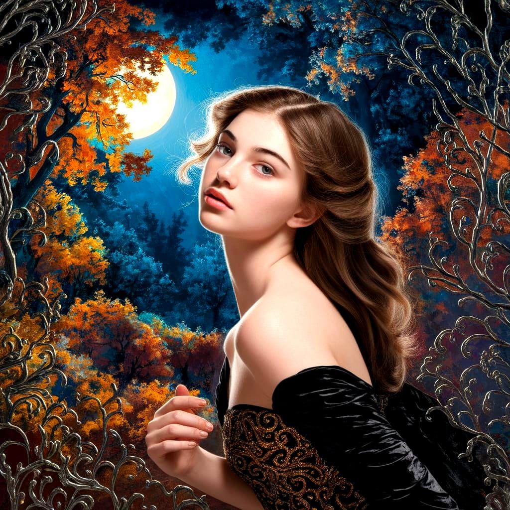 Brunette in Black and Gold Dress, Moonlit Forest