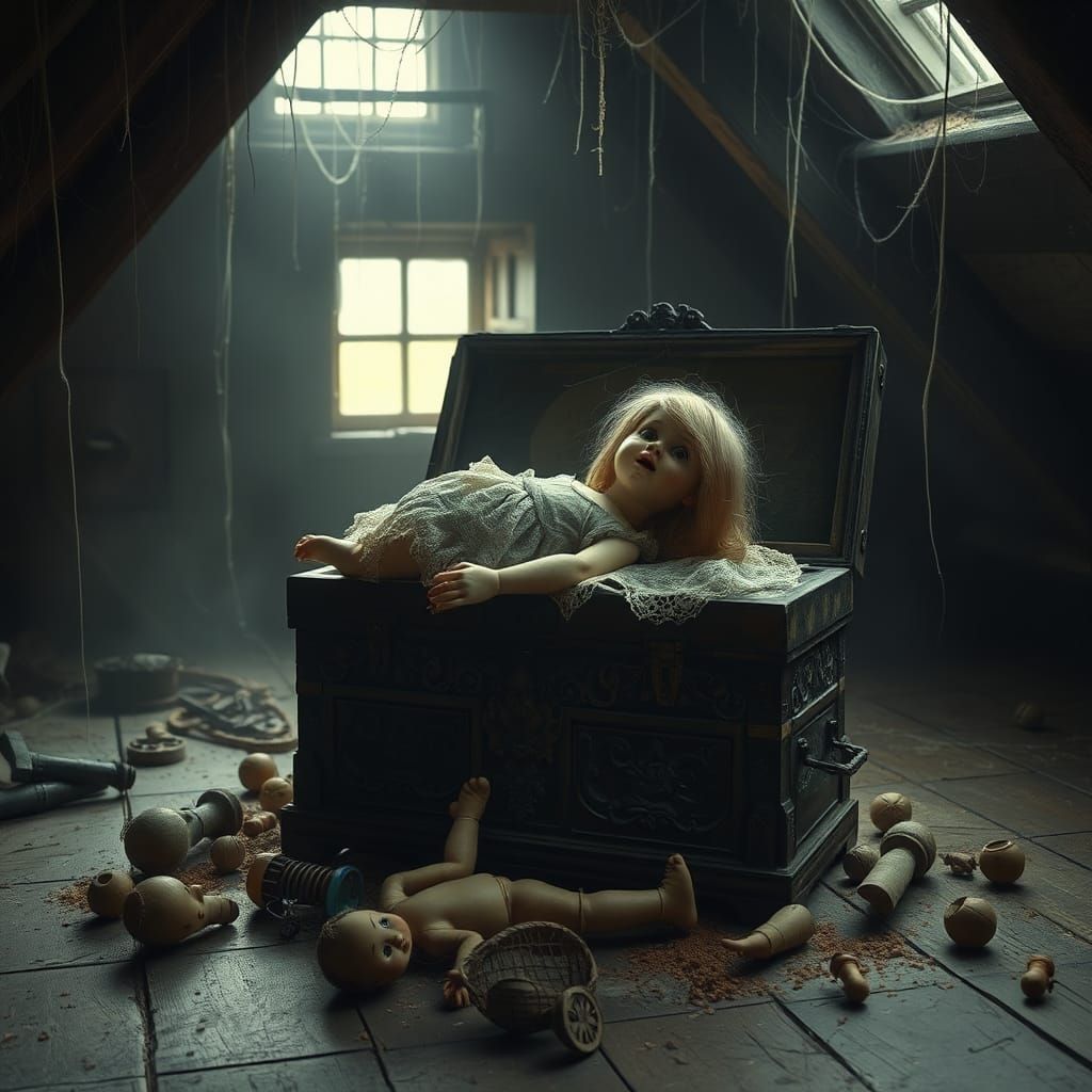 Eerie Attic Scene with Broken Doll in Romantic Realism