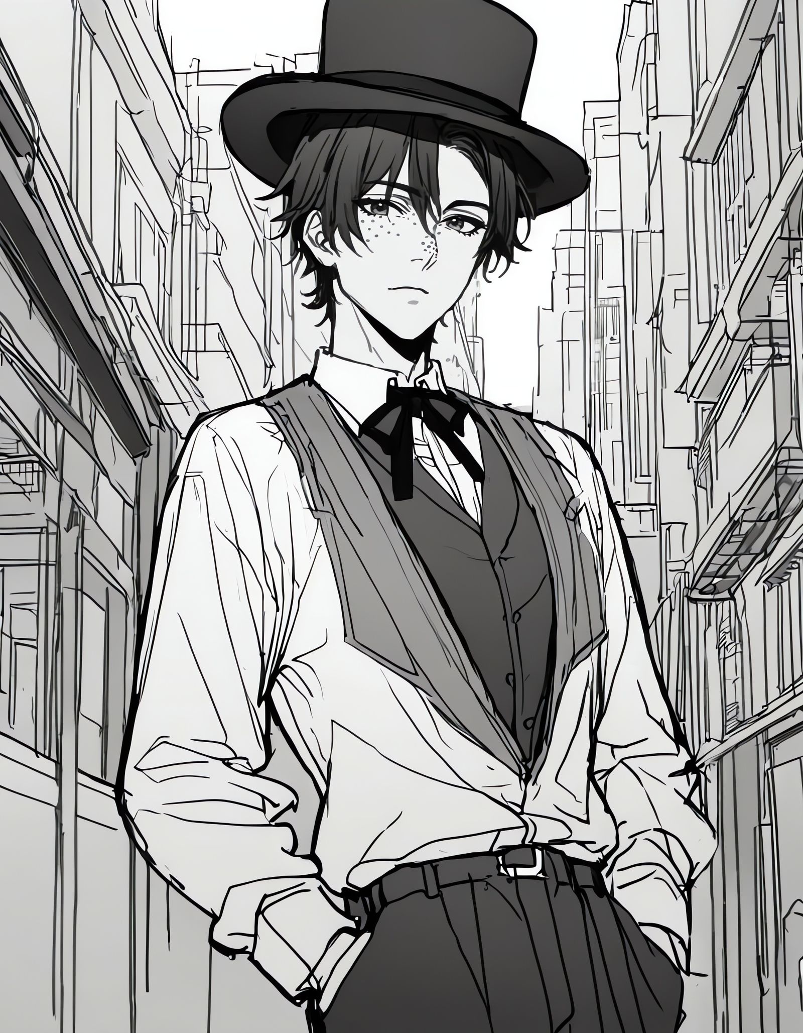 Anime Boy in Top Hat in Greyscale Cityscape