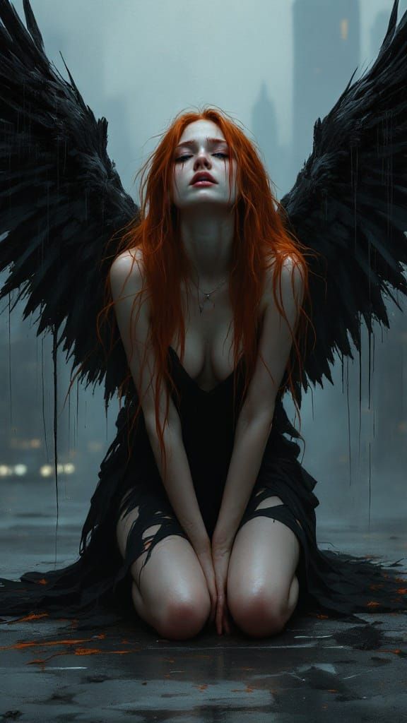 Sorrowful Copper-Haired Angel in a Dark Cityscape