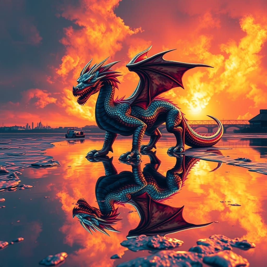 Dragonkin's Metallic Reflection: Urban Digital Art