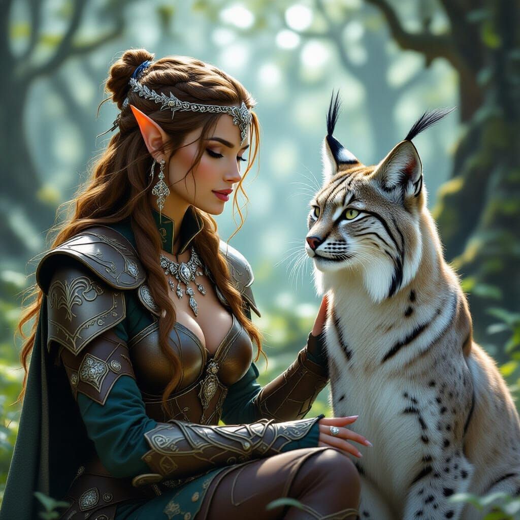 Elf and Lynx in Misty Forest, Photorealistic Art