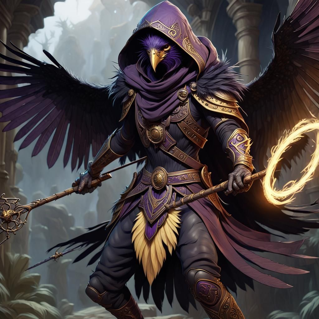 Hooded Aarakocra Soaring in Dark Fantasy Art