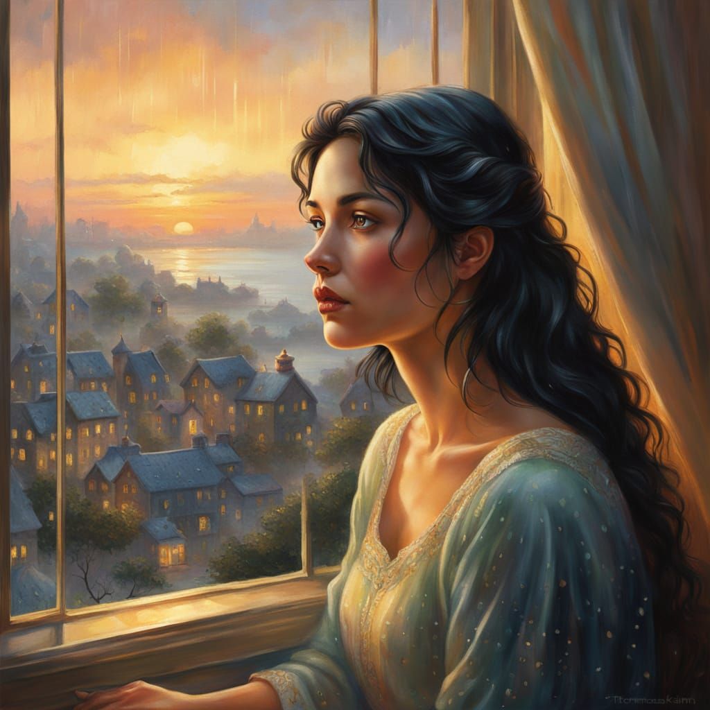 Ethereal Woman Gazing at Sunset Cityscape