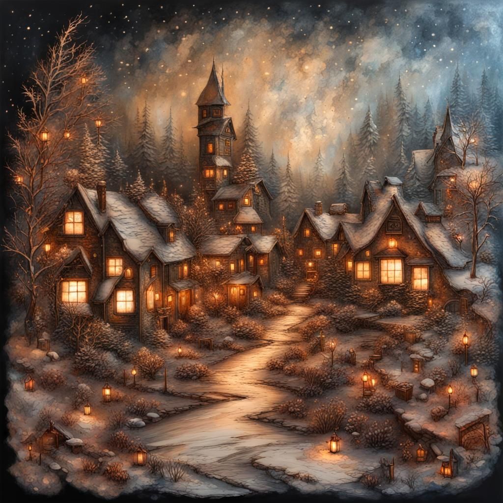 Santa's Village in Mixed Media with Glowing Lights