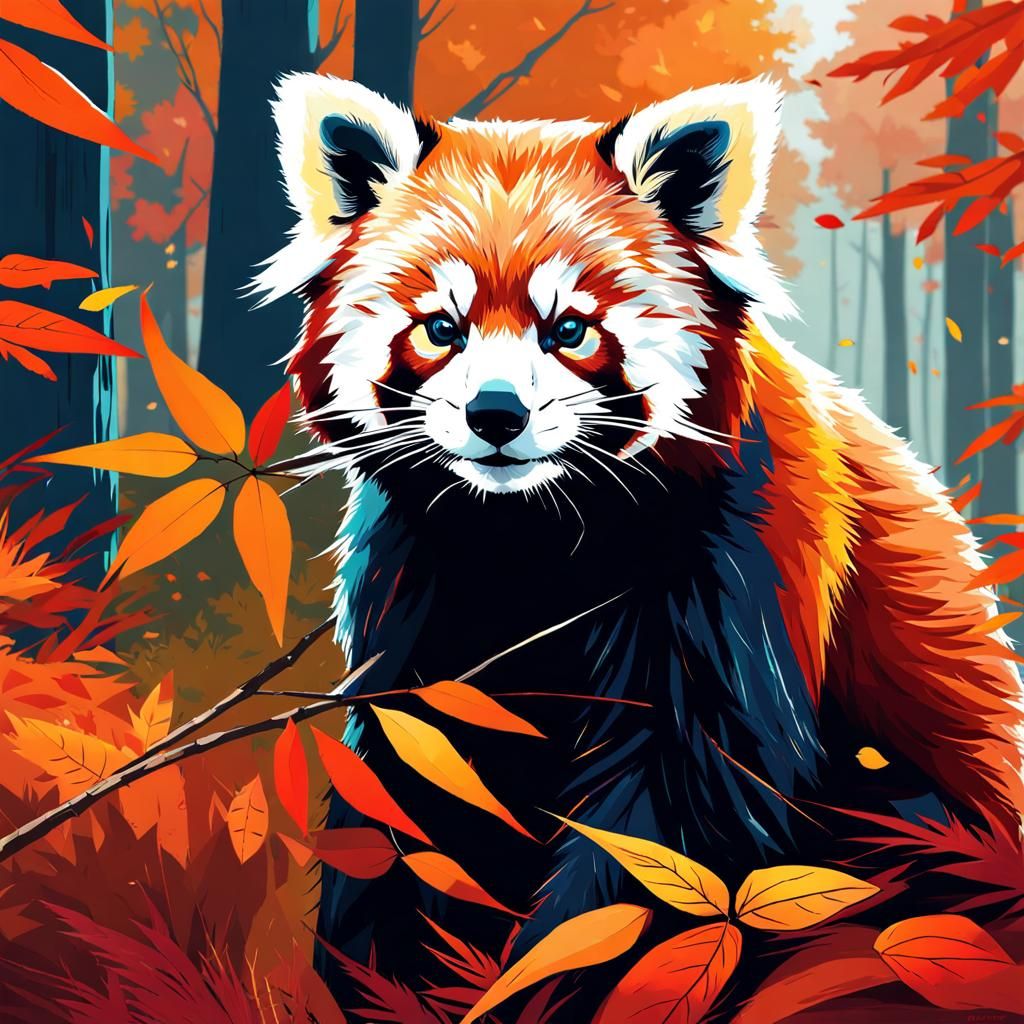 Red Panda Portrait in Autumn Forest, Digital Art