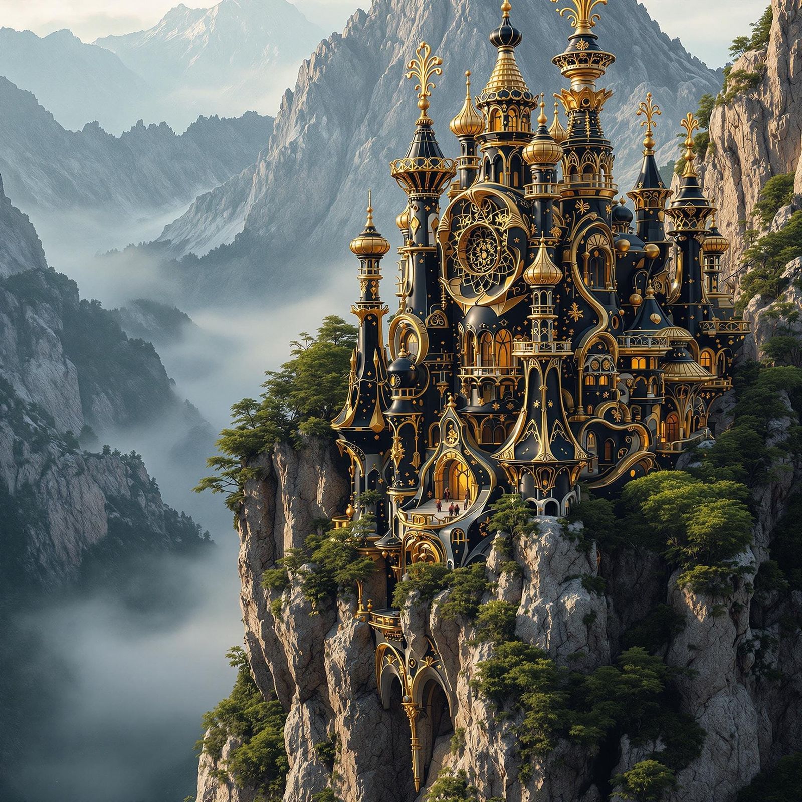 Metallic Castle on Cliff: Hyper-Realistic Digital Art