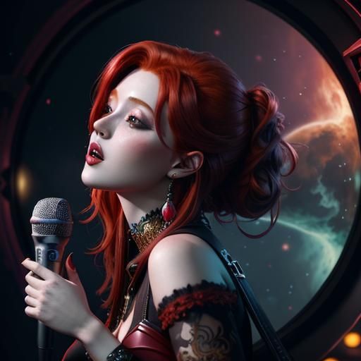 Redhead Singing Karaoke: Detailed Fantasy Art