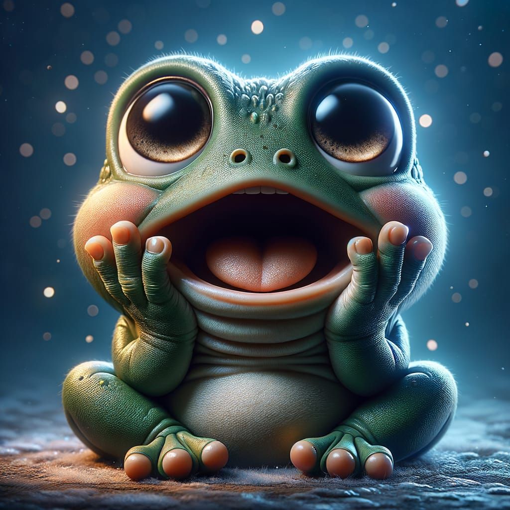 Surprised Cartoon Frog in Hyperrealistic Digital Art
