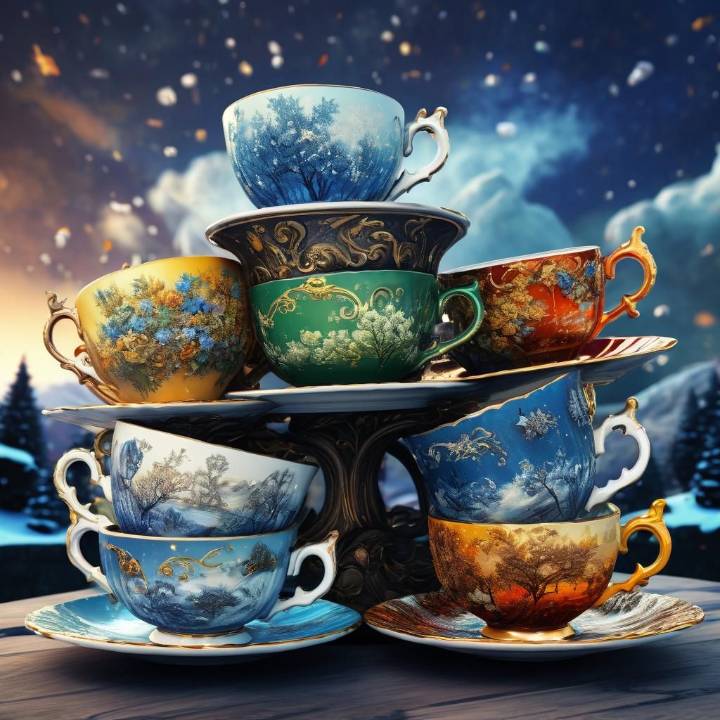 Seasons in Teacups: Detailed Fantasy Digital Art