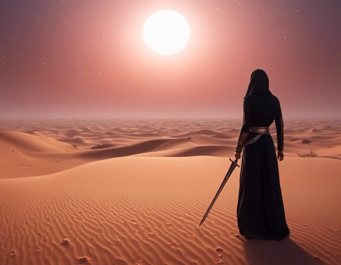 Arab Girl with Sword Under Desert Sky