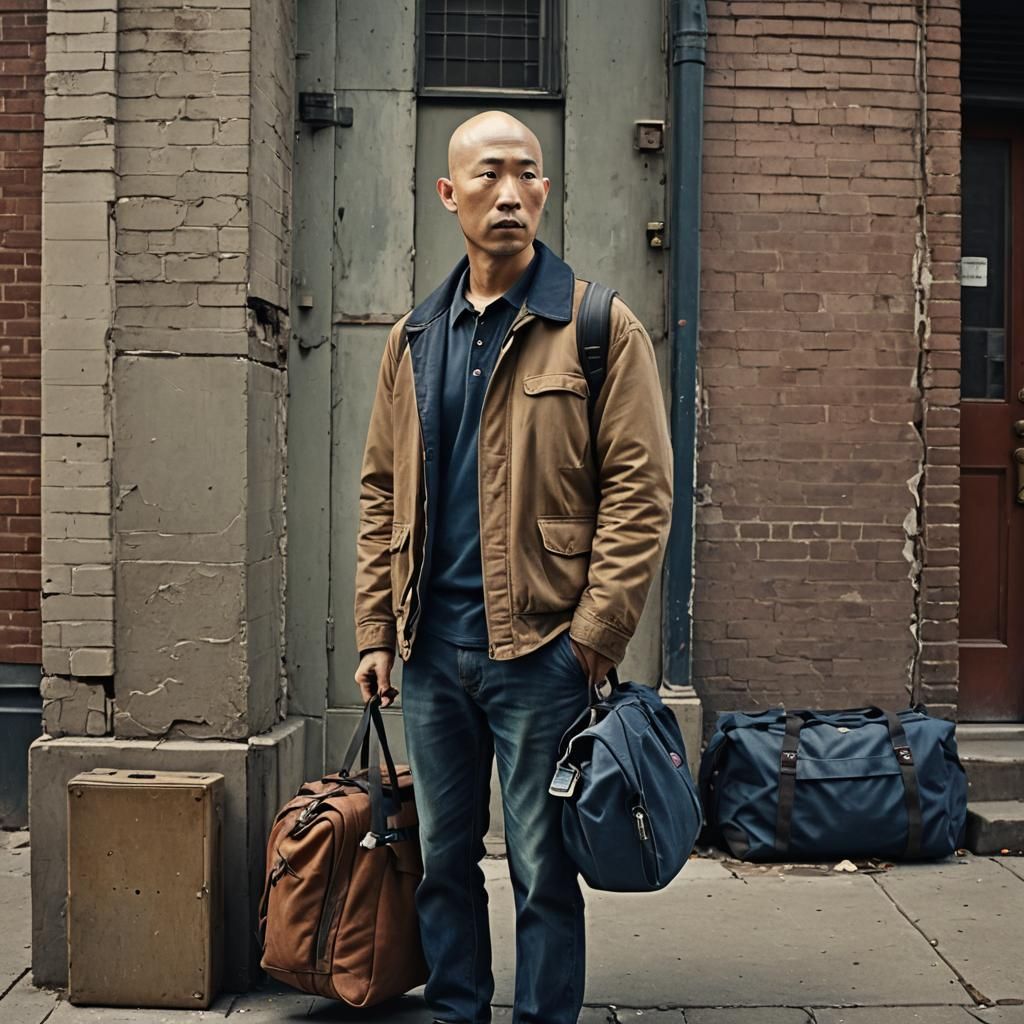Detailed Matte Painting of Bald Man on Stoop