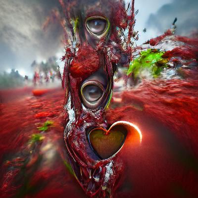 Surreal Bloody Heart with Zombie Faces in Abstract Style