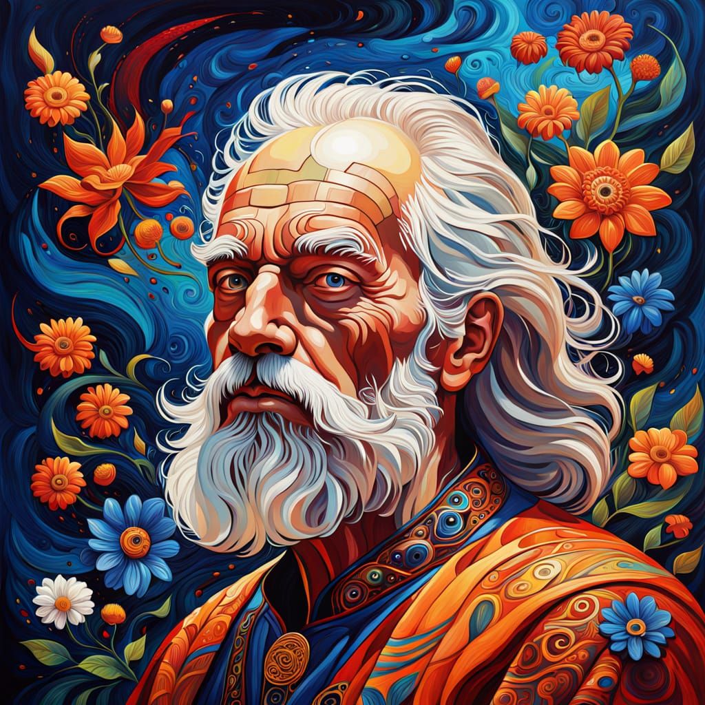Surreal Elderly Sage in Vibrant Woodland Landscape