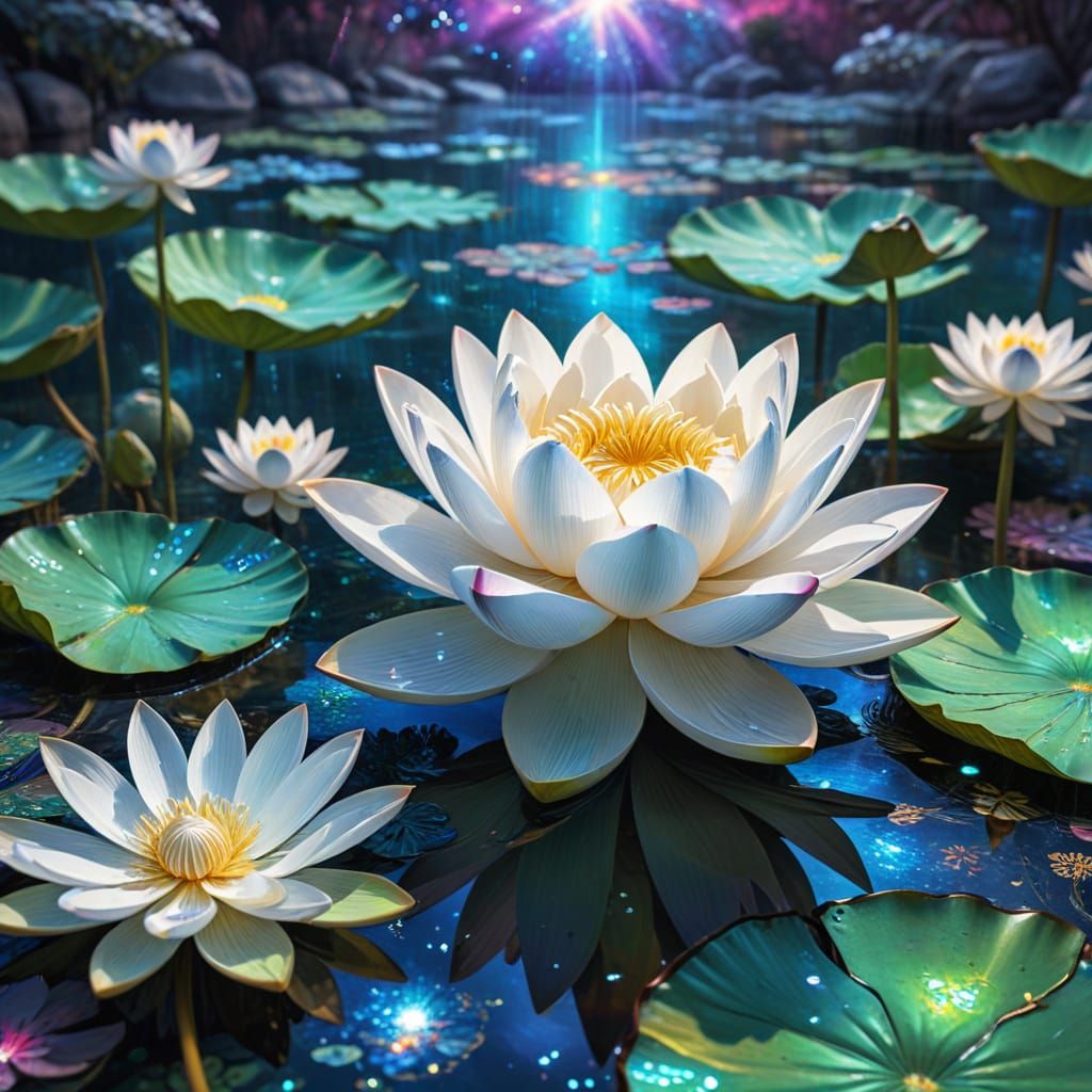 White Lotus Flower in Pond: Holographic Illustration