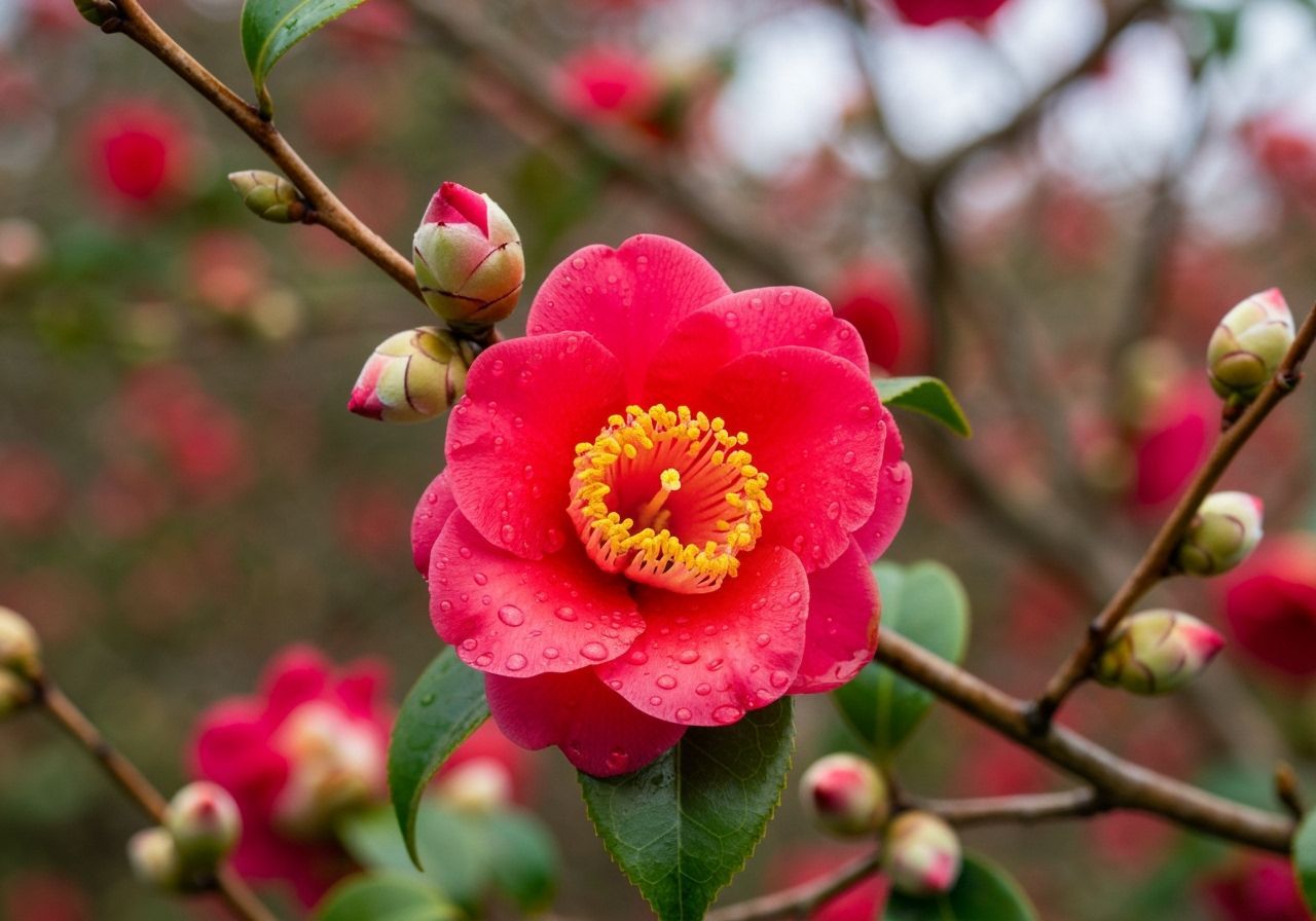 Vibrant Red Camellia Flower Macro Photograph