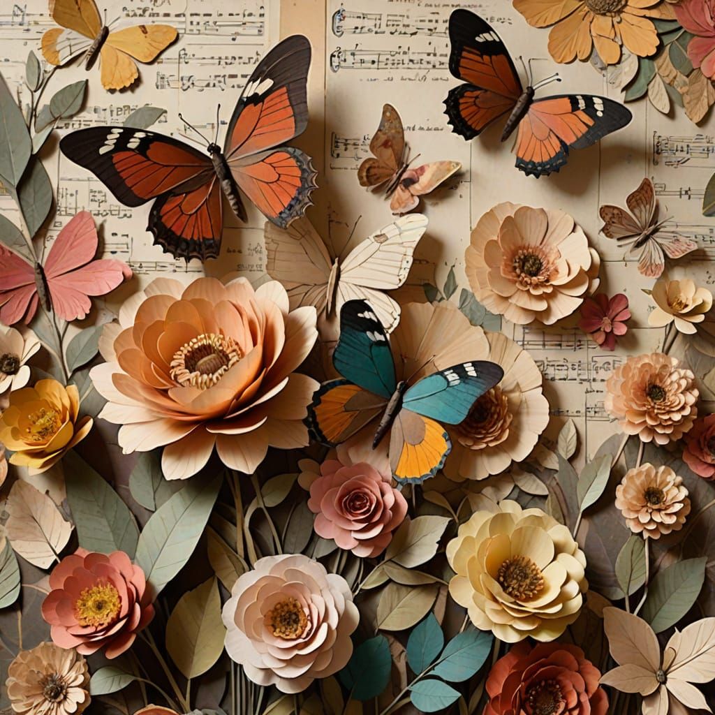 Vibrant Paper-Cut Flower Collage with Butterflies