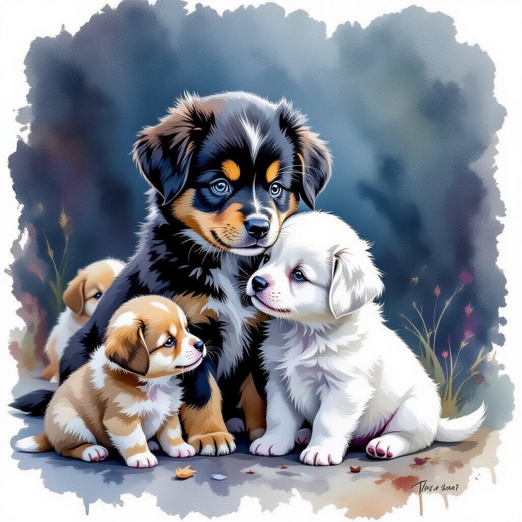 An exquisitely detailed watercolor painting in dark tones, c...