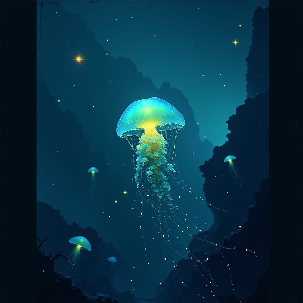 Bioluminescent Jellyfish in Deep-Sea Trench