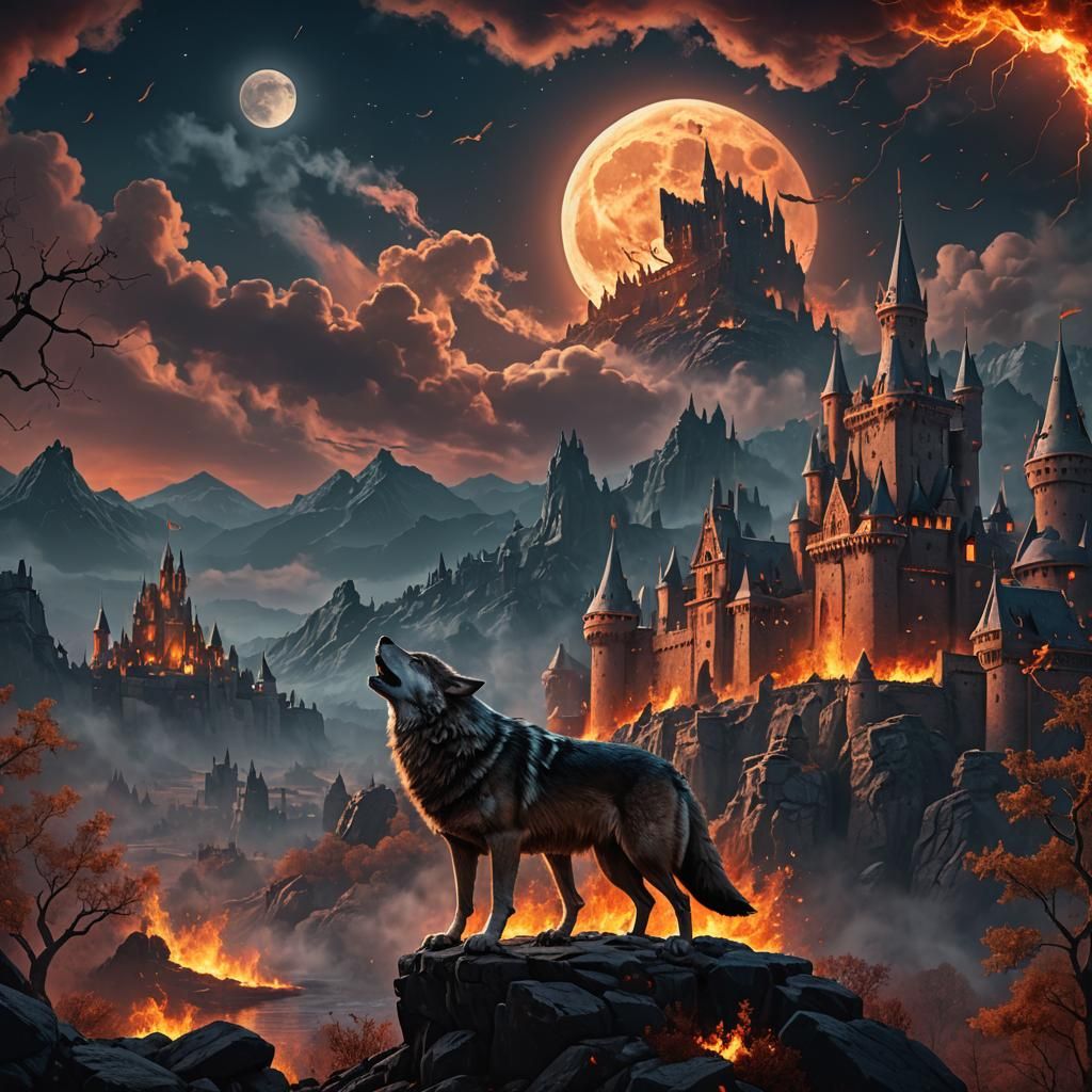 Wolf Howling at Moonlit Castle Fire: Matte Painting