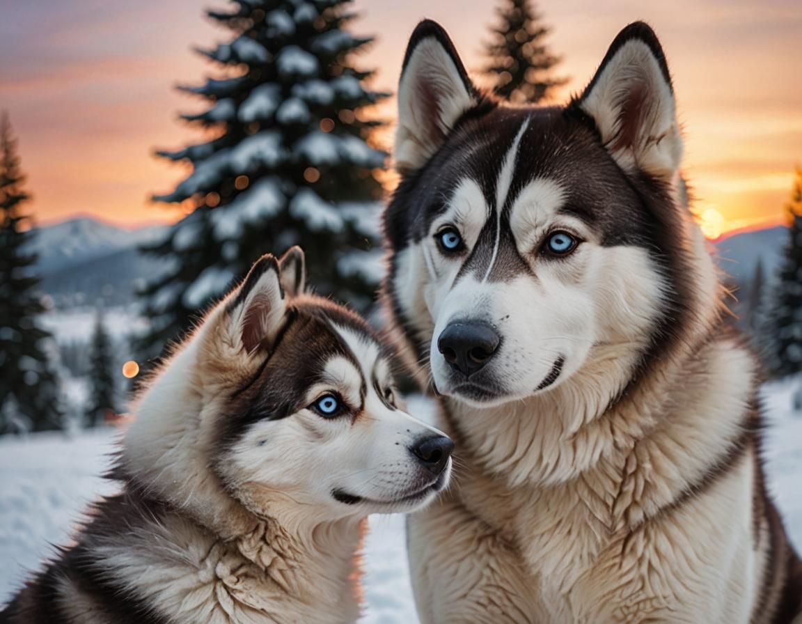Loving Siberian Husky Mother and Pup