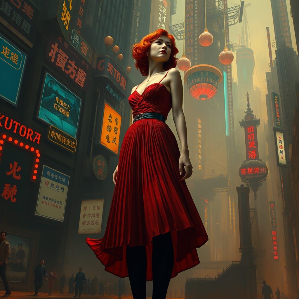 Ethereal Red-Headed Woman in Luxurious, Pleated Skirt