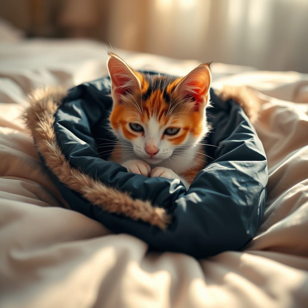 A Serene Calico Kitten in Luxury Puffer Jacket
