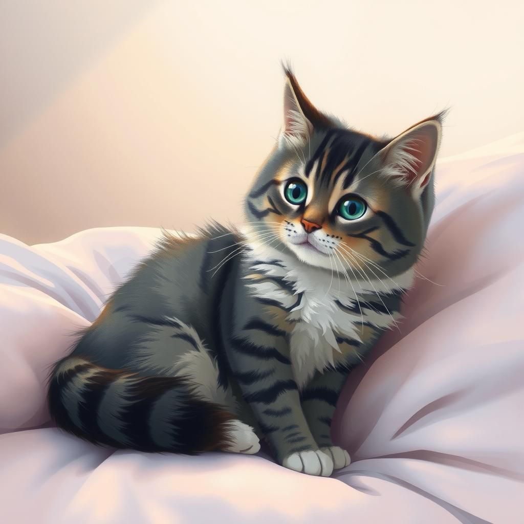 Charming Tabby Cat Illustration on Plush Bed
