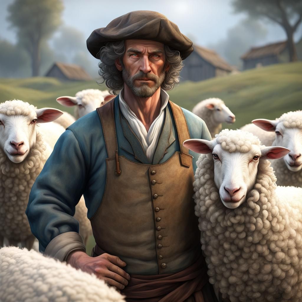 1700s Farmer Shearing Sheep: Detailed Digital Portrait