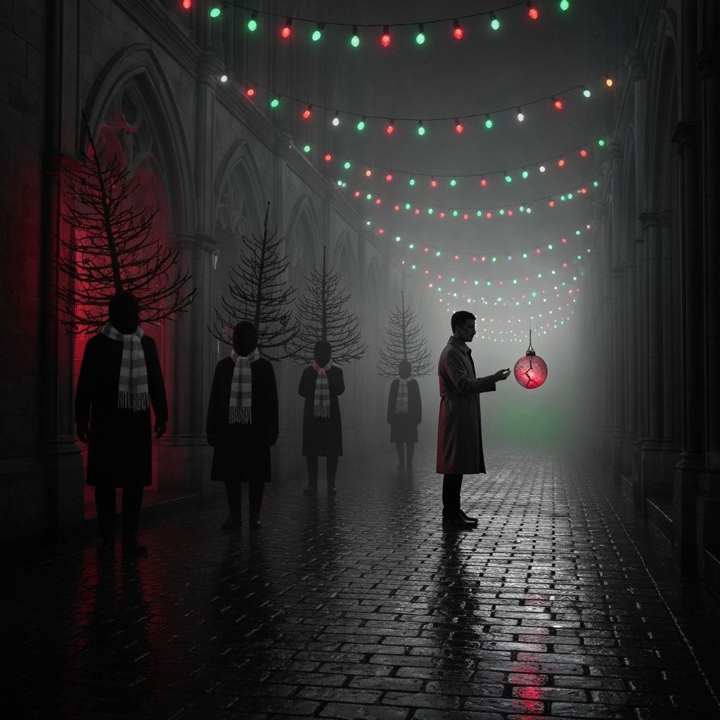 Foggy Crypt Alley with Shadowy Figures and Vintage Lights