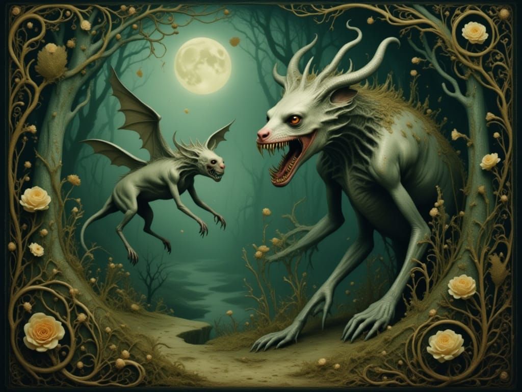 Snallygaster and Jabberwocky in Mystical Forest
