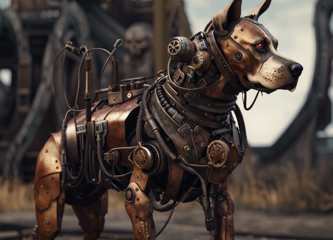 Steampunk Cyborg Dog in Abandoned Cemetery