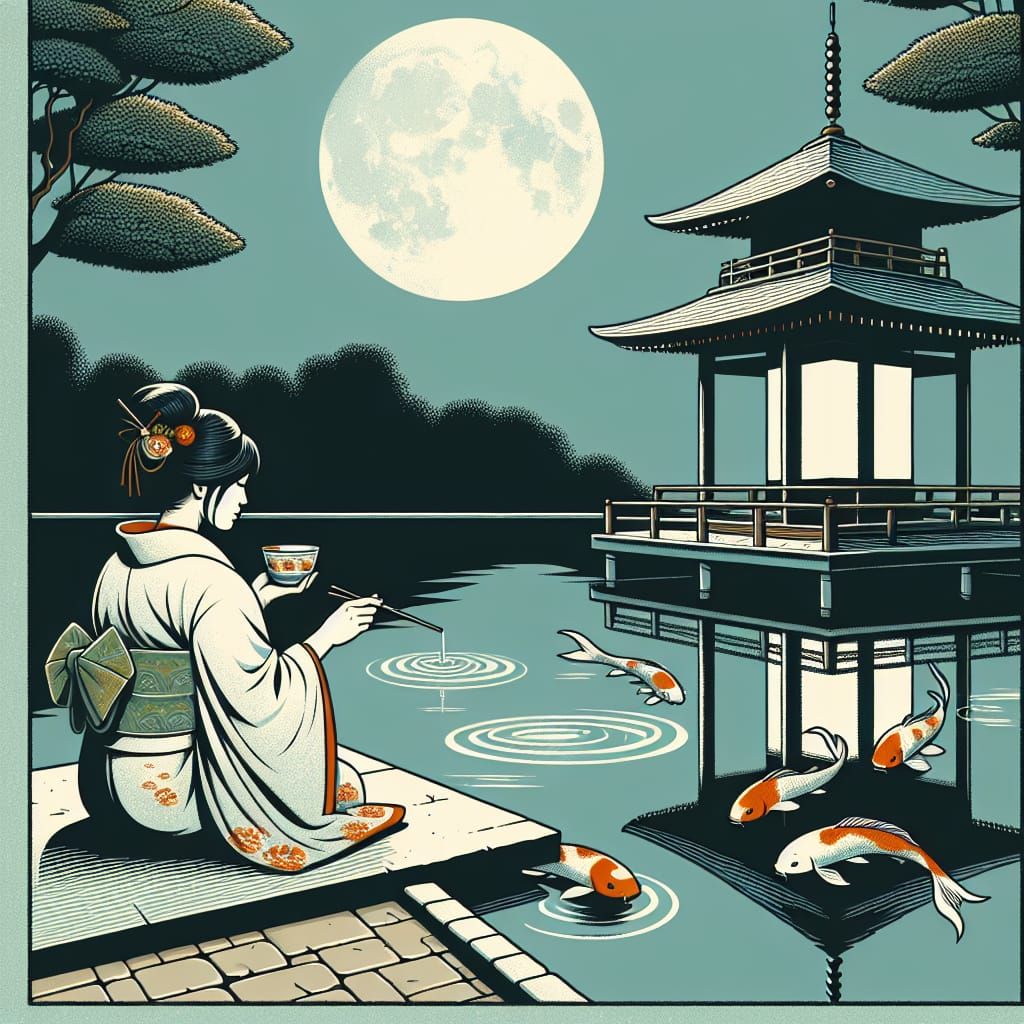 Woman Sipping Tea by Pagoda in Ukiyo-e Style