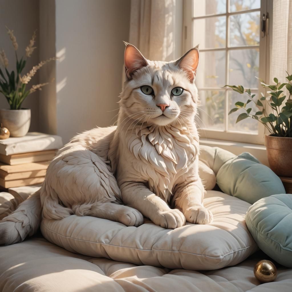 Cat Lounging in Sunlit Room: 3D Rendered Anime Style