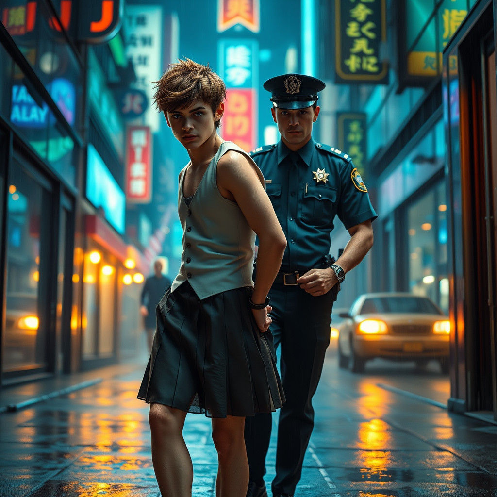 Young Man in Embarrassing Situation, Handcuffed in a Miniski...