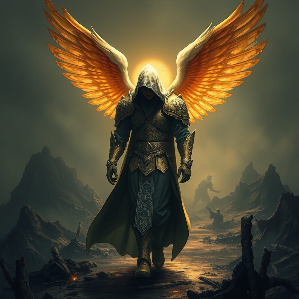 Angel in Golden Armor Illuminates a Ravaged Earth in a Fanta...
