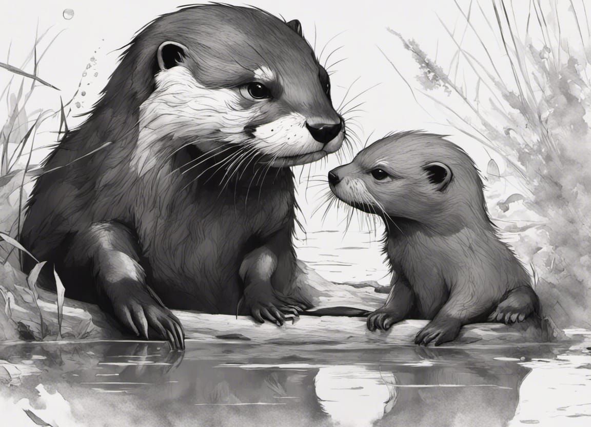 Baby Otter and Mother in Black and White Ink