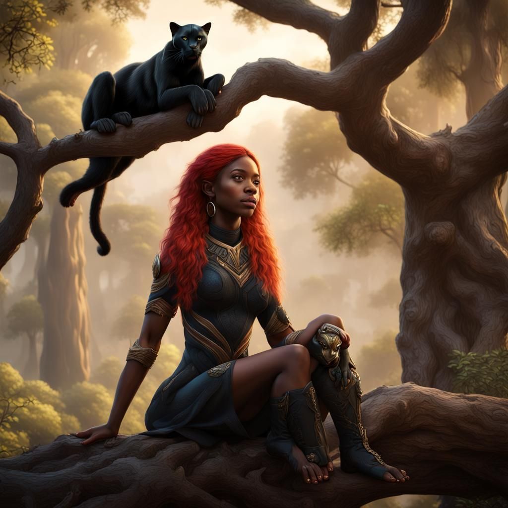 Girl with Panther Cub: Fantasy Art