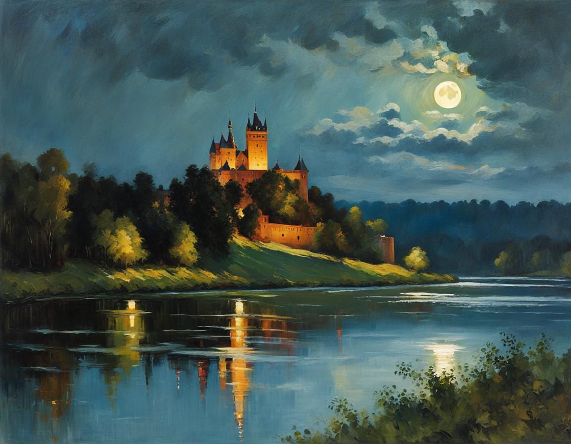Dracula's Castle at Night: An Oil Painting