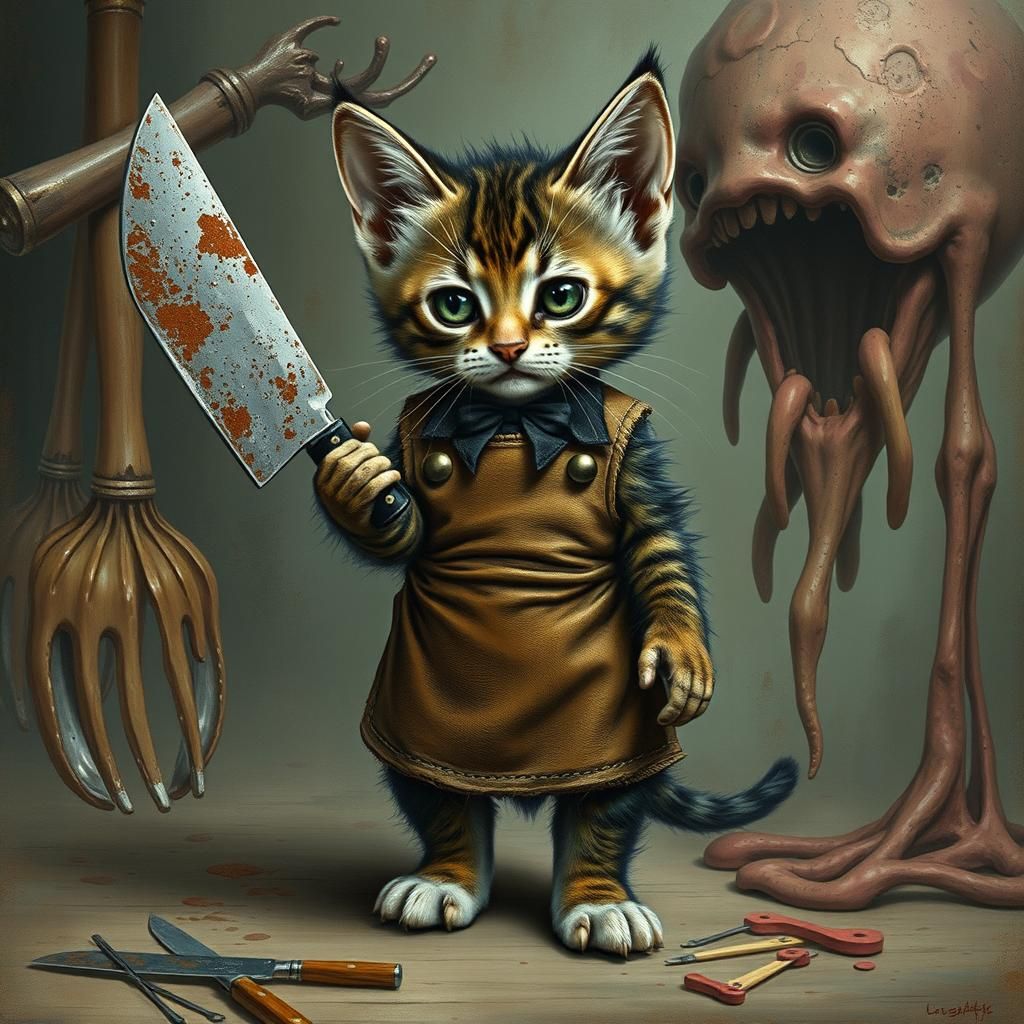 Surreal Cyberpunk Kitten Chef with Cleaver