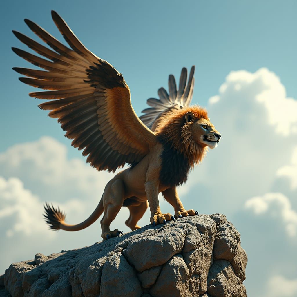 Majestic Lion-Eagle Hybrid on Rocky Cliff