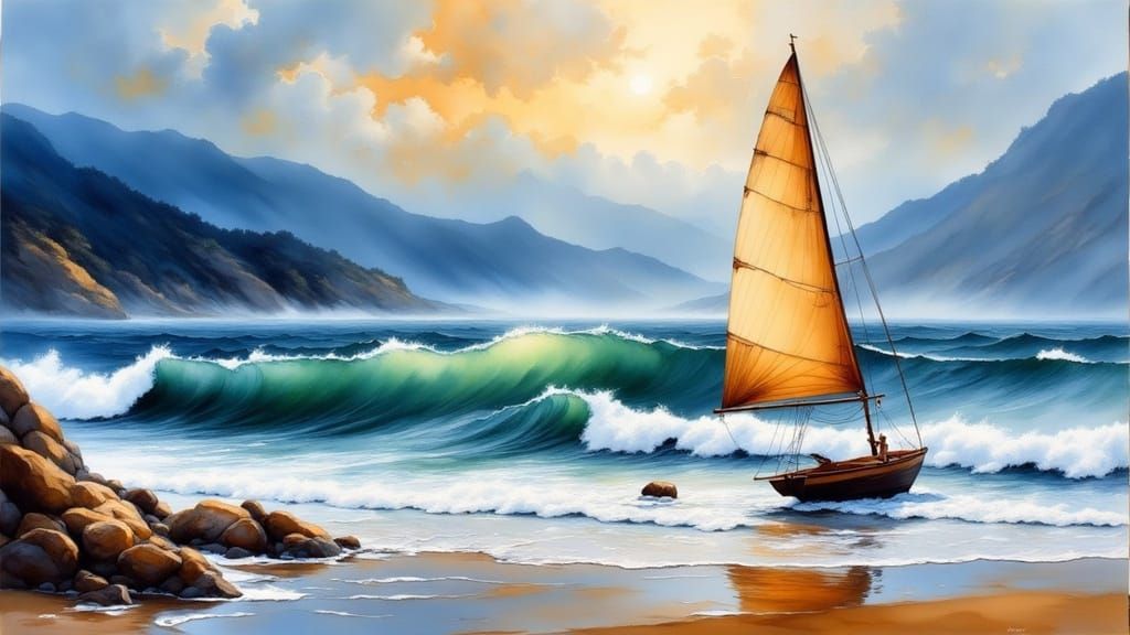 Oil Painting of Dinghy on Undulating Sea