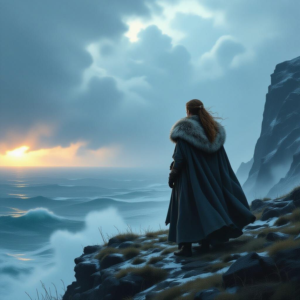 Viking Woman Overlooking Stormy Sea in Hyperrealism