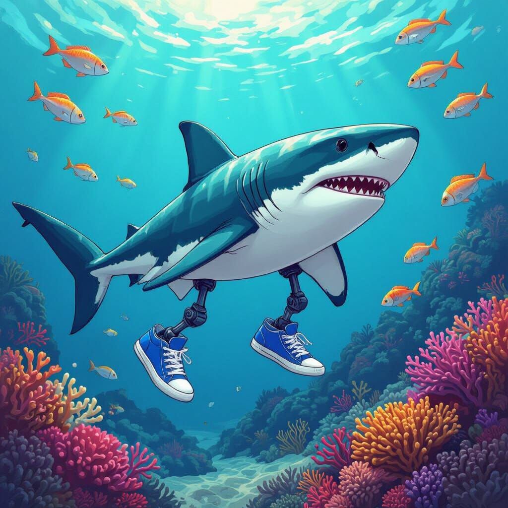 Shark with Blue Shoes Swimming in Vibrant Ocean